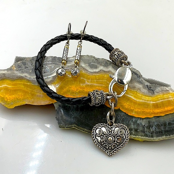 Brighton Silver and Gold Earrings Set & 7 1\2” Black Leather Bracelet W/Heart - Picture 2 of 6
